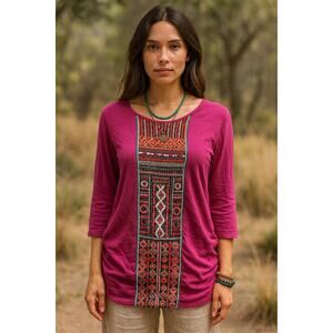 JW Los Angeles by Johnny Was Embroidered Boho Tunic Top – XS-Magenta